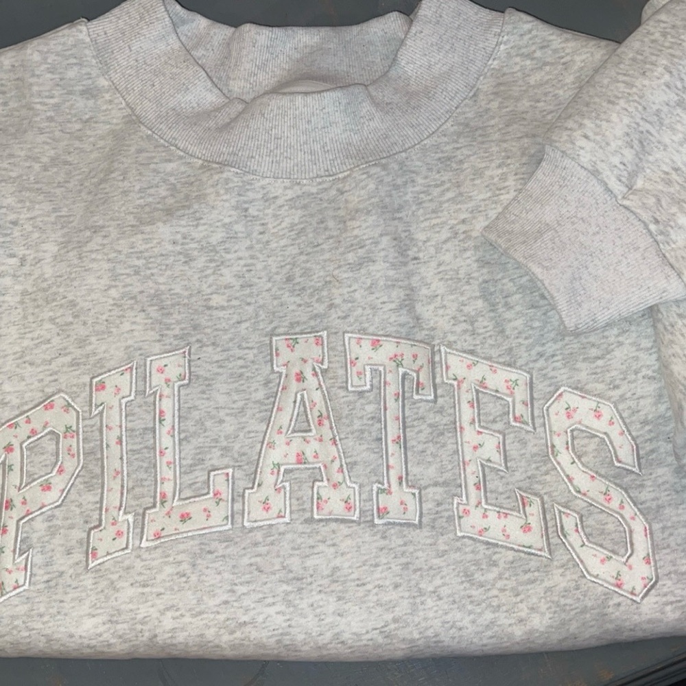 Gray 'PILATES' Appliqué Sweatshirt with Pink Floral Detail